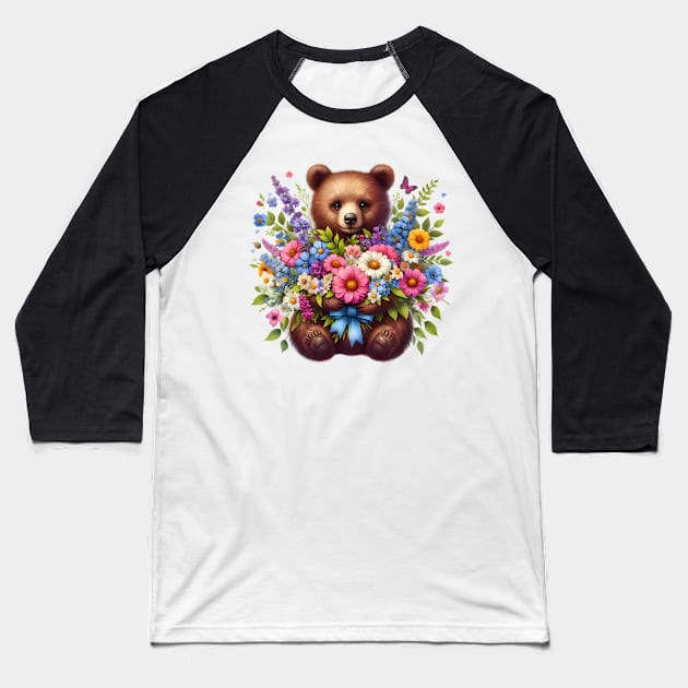 A brown bear decorated with beautiful colorful flowers. Baseball T-Shirt by CreativeSparkzz